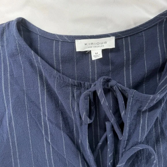 KIRIOUS LA Navy Pinstripe Tie Front Peplum Blouse Boho Cottagecore Top M NWT - Picture 5 of 11